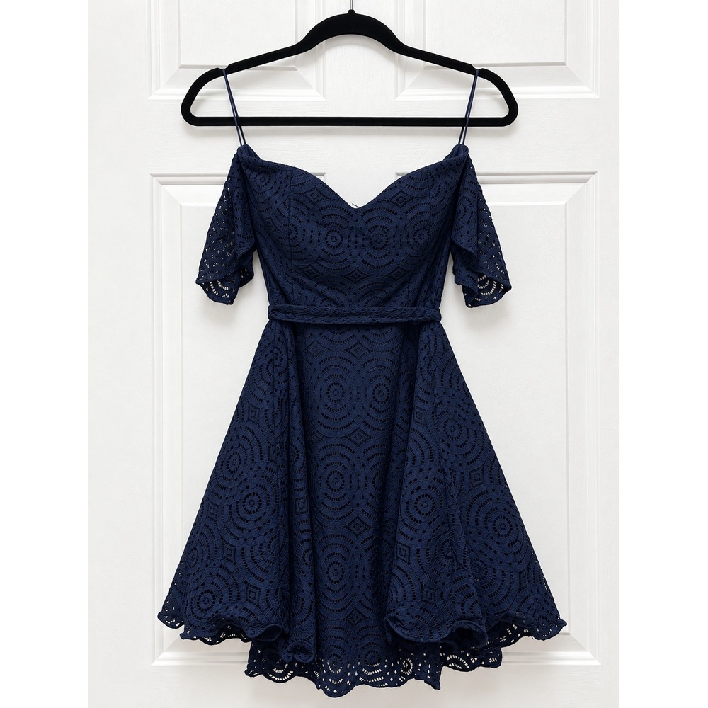 Windsor Navy Blue Lace Off Shoulder Cocktail Dress Small Mini Fit Flare Wedding